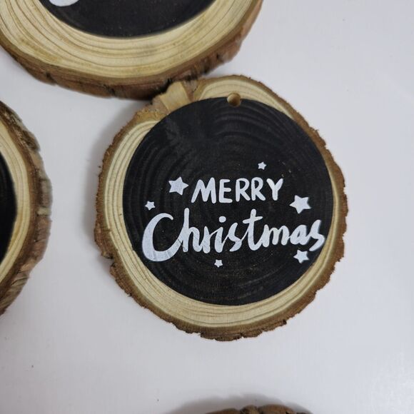 Set of 8 Rustic Wooden Log Pine Chips Black White Christmas Ornaments - Picture 8 of 11